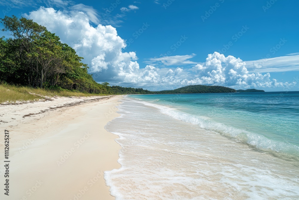 Serene beach scene with clear water and lush greenery under a blue sky. Serene beach scene with clear water and lush greenery under a blue sky.