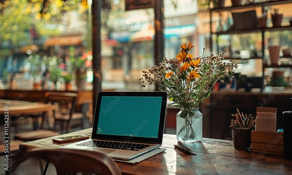 Laptop and Flowers on a Wooden Table in a Cafe Laptop and Flowers on a Wooden Table in a Cafe