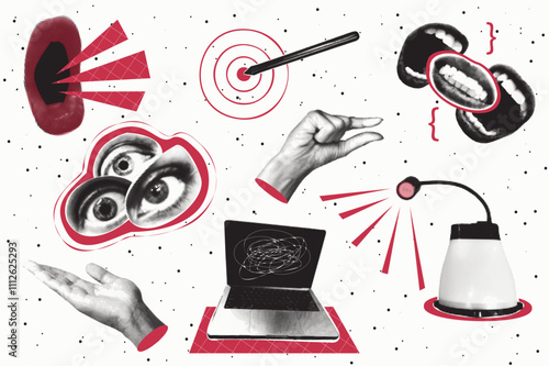 Trendy vintage collage conception with symbols set. Halftone collection with screaming mouth, targeting pen, yes, teeth, laptop, lamp, gesturing hands in retro pop art style. Vector illustration.