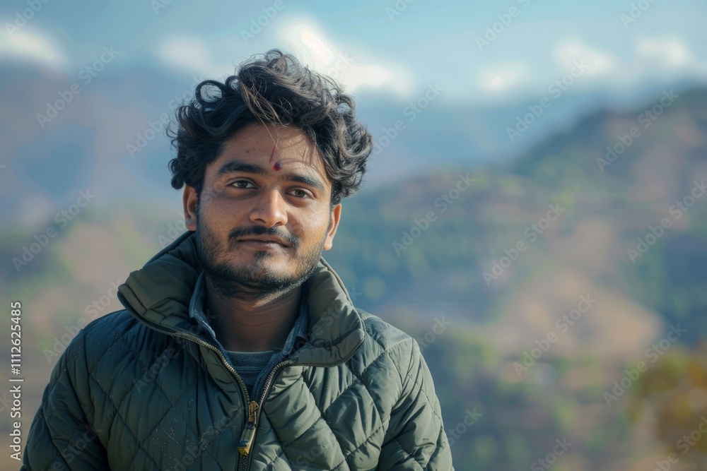 Portrait of a blissful indian man in his 20s sporting a quilted insulated jacket in front of quiet countryside landscape Portrait of a blissful indian man in his 20s sporting a quilted insulated jacket in front of quiet countryside landscape