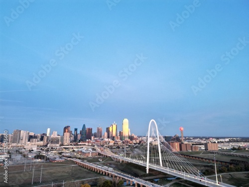 Margaret Hunt Hill Bridge Dallas at dusk aerial drone shot photo