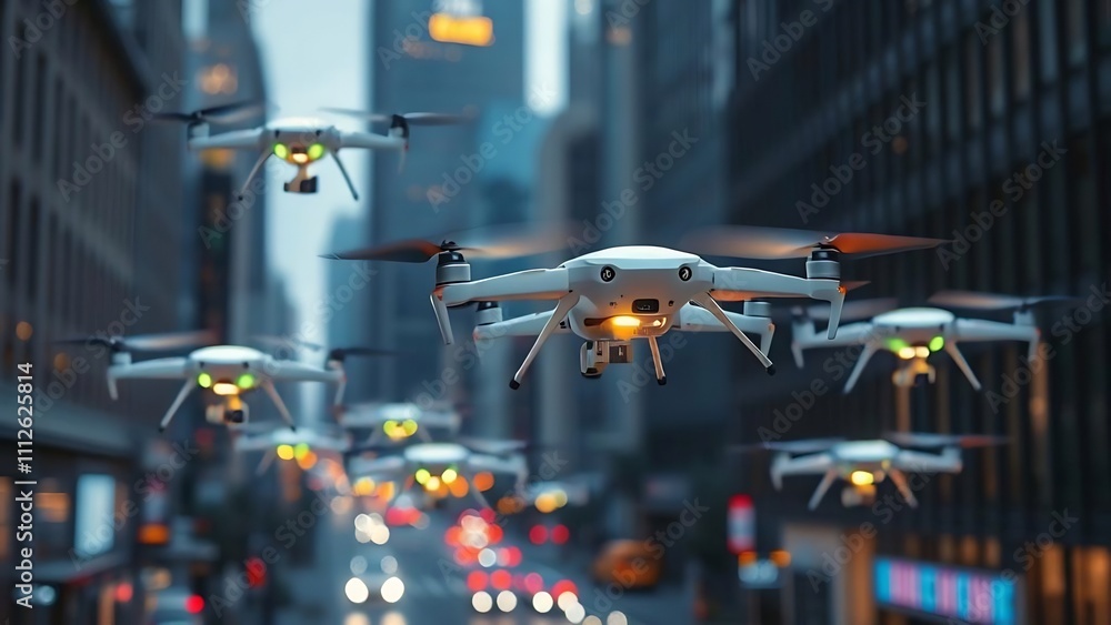Drone Swarm Flying Over City Street. Drone Swarm Flying Over City Street.