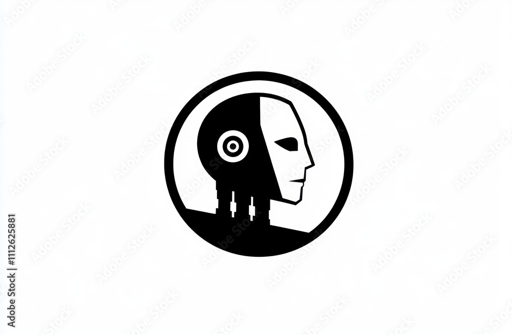 Monochrome robot head profile in a circle, representing AI, technology, and artificial intelligence. Monochrome robot head profile in a circle, representing AI, technology, and artificial intelligence.
