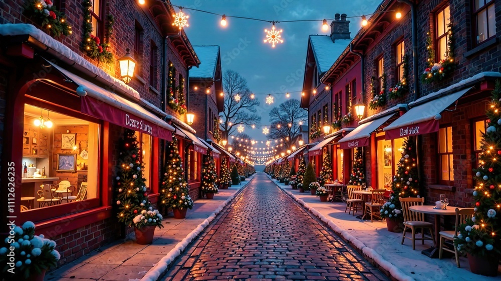 Obraz premium Festive City Night Scene, Holiday Lights, Cobblestone Streets