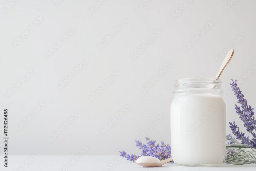 A cozy setting featuring jar of milk resting on rustic table, accompanied by wooden spoon and delicate lavender flowers arranged beautifully nearby. Traditional and Milk Consumption Trends, copy space A cozy setting featuring jar of milk resting on rustic table, accompanied by wooden spoon and delicate lavender flowers arranged beautifully nearby. Traditional and Milk Consumption Trends, copy space
