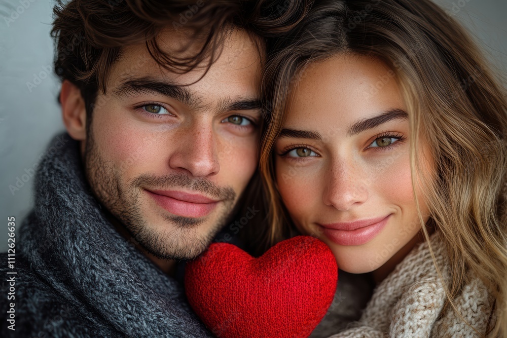 Elegant couple posing with a red heart, ideal for Valentine Day campaigns and romantic visuals. Elegant couple posing with a red heart, ideal for Valentine Day campaigns and romantic visuals.