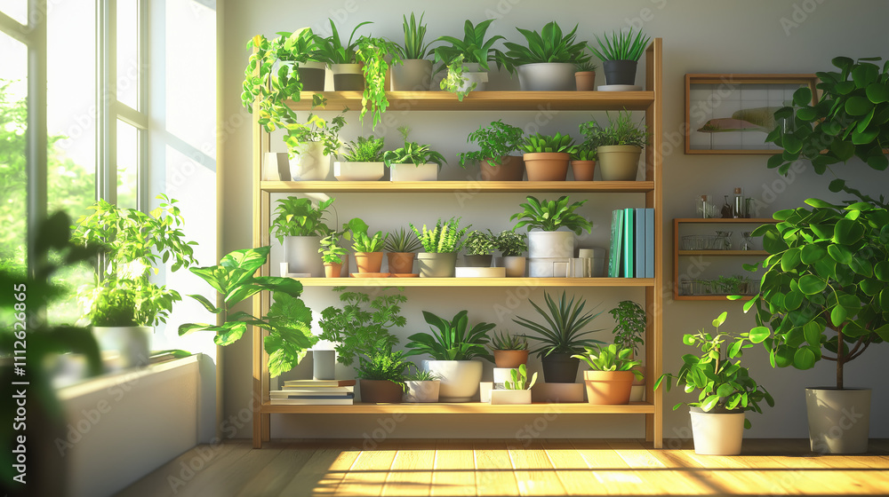 Bright room with hanging and potted houseplants on wooden shelves, illuminated by natural sunlight, perfect for indoor gardening, urban jungle themes, and home decor with plants Bright room with hanging and potted houseplants on wooden shelves, illuminated by natural sunlight, perfect for indoor gardening, urban jungle themes, and home decor with plants