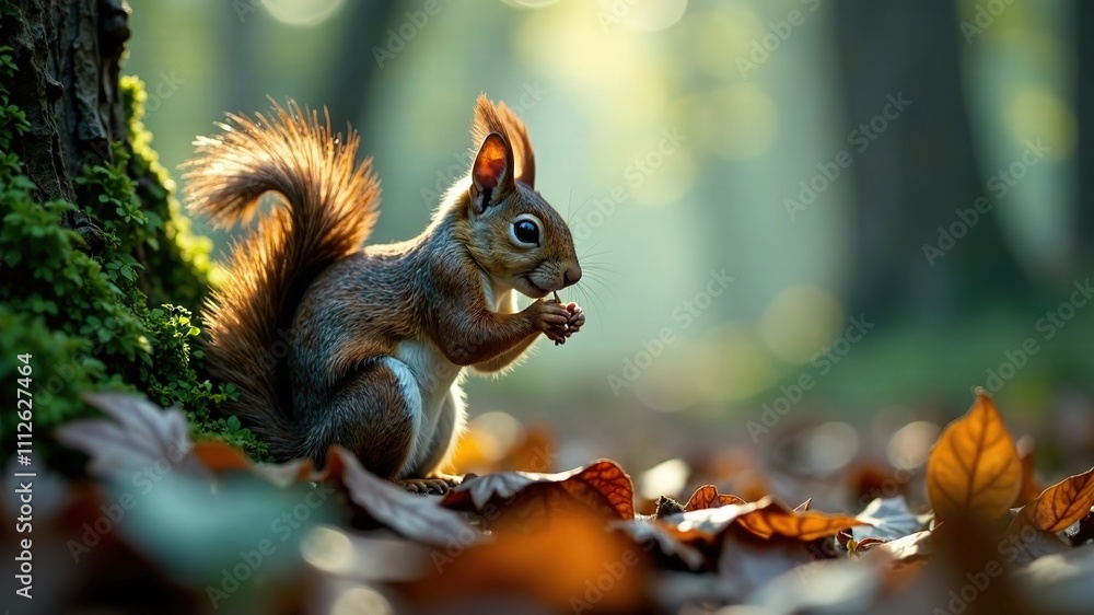 Foggy Forest Squirrel Foraging Closeup - Serene Wildlife Photography Foggy Forest Squirrel Foraging Closeup - Serene Wildlife Photography