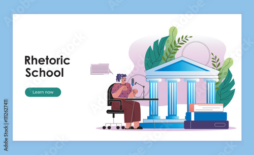 Rhetoric school landing page. Woman with microphone. Rhetoric school for development oratory skills. Remote education and learning. Flat vector illustration