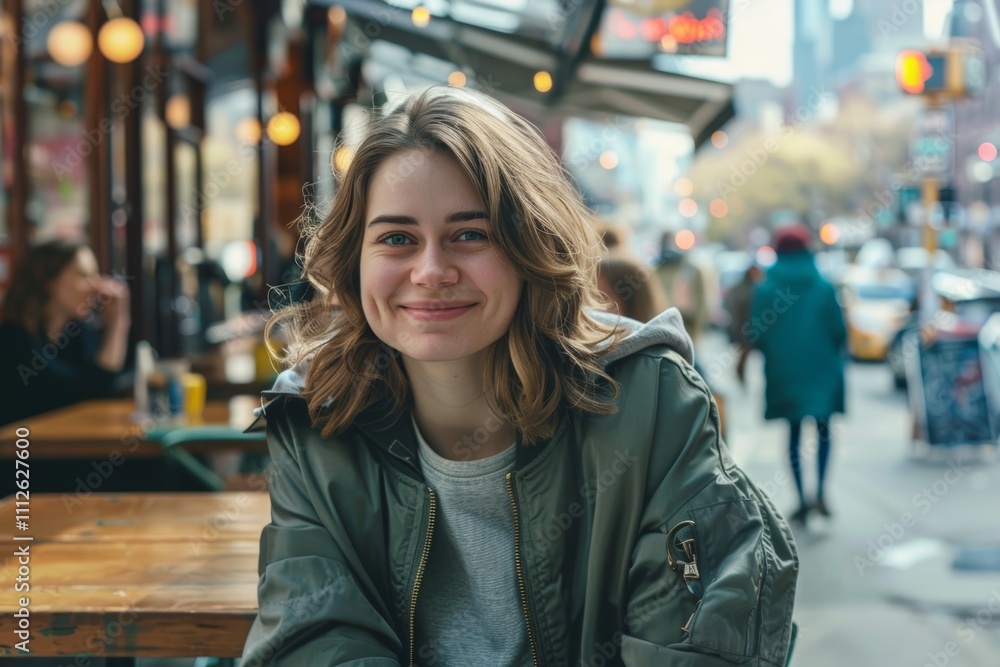 Portrait of a glad caucasian woman in her 30s wearing a trendy bomber jacket in bustling city cafe Portrait of a glad caucasian woman in her 30s wearing a trendy bomber jacket in bustling city cafe