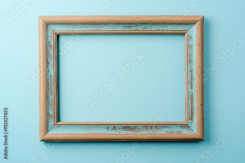 Vintage wooden frame on blue background, space for text photo