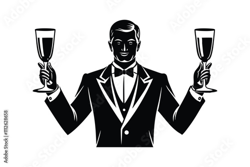 Elegant Waiter Serving Wine Icon - Professional Hospitality Vector Design for Fine Dining & Service