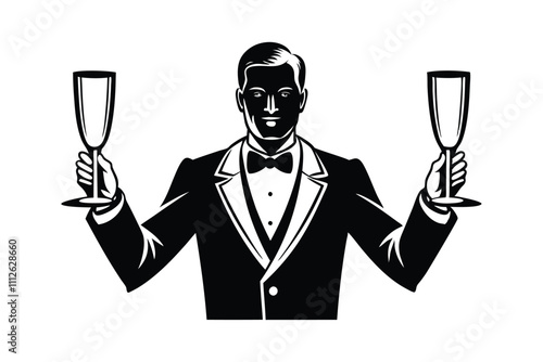 Elegant Waiter Serving Wine Icon - Professional Hospitality Vector Design for Fine Dining & Service