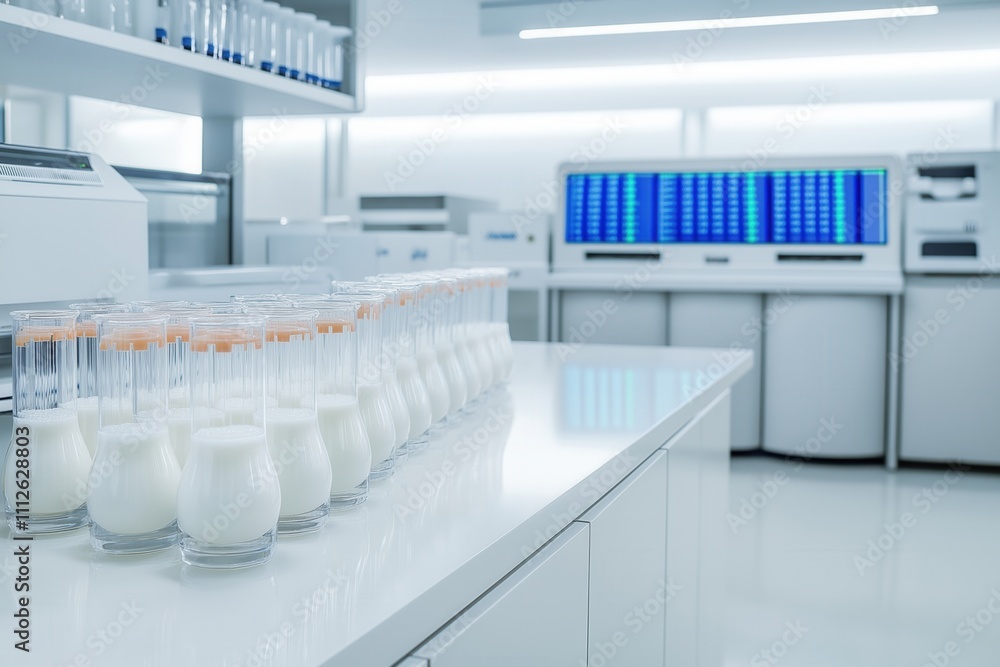 In the laboratory, there is an abundance of bottles filled with milk lined up on the counter, creating an interesting visual display. Innovation in Dairy Technology, Dairy Industry, World Milk Day In the laboratory, there is an abundance of bottles filled with milk lined up on the counter, creating an interesting visual display. Innovation in Dairy Technology, Dairy Industry, World Milk Day