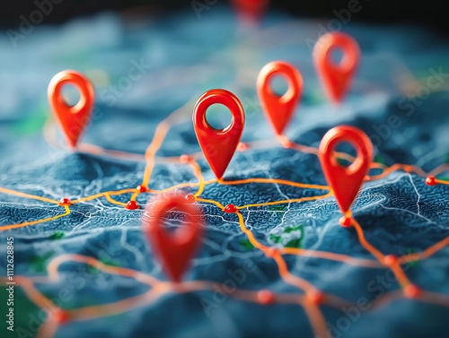 detailed map with red location pins highlighting various points of interest, showcasing vibrant landscape and intricate road networks. image evokes sense of exploration and adventure photo