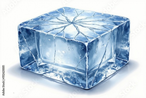 Crystal clear ice cube with cracks and frosty surface for refreshing winter themes.