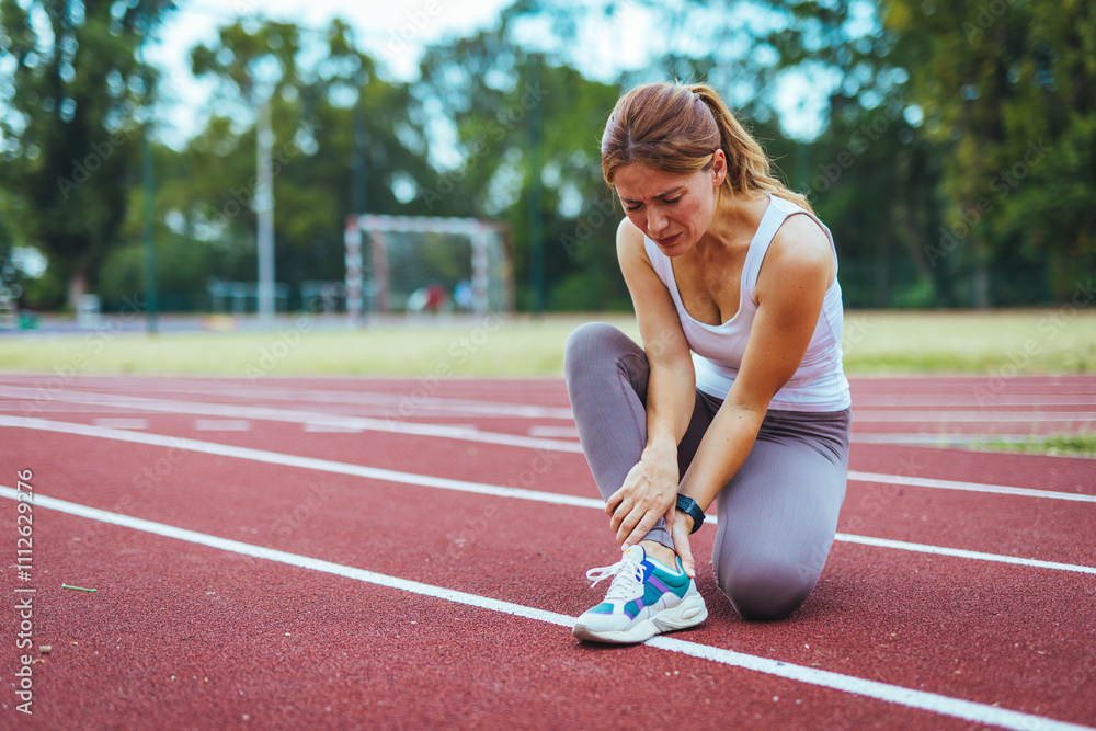 Female Athlete Experiencing Injury on Outdoor Running Track Female Athlete Experiencing Injury on Outdoor Running Track
