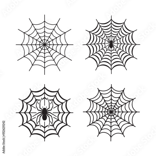Spider web line art silhouette vector, Spider net outline, Spooky Halloween cobwebs with spider illustration.