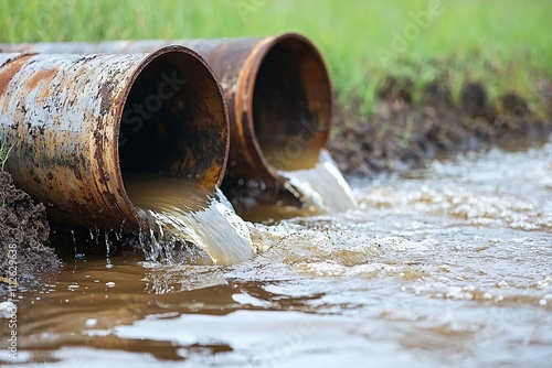 Rusty Pipes Discharging Wastewater into Creek Environmental Pollution