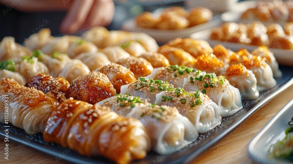 Close-Up of a Tempting Selection of Chinese Dim Sum Delicacies on a Platter Close-Up of a Tempting Selection of Chinese Dim Sum Delicacies on a Platter