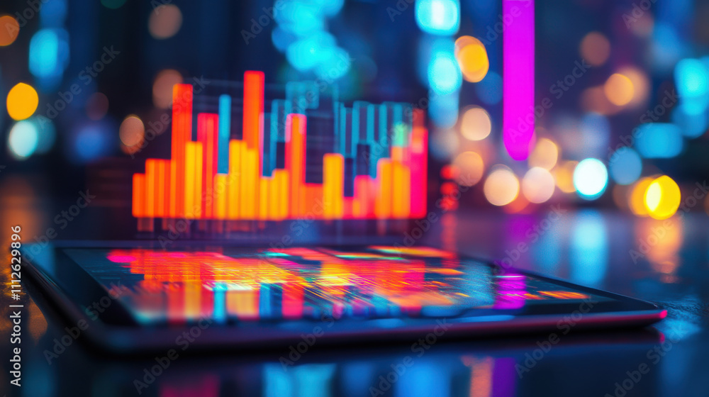 Tablet displaying vibrant data visualization with colorful graphs Tablet displaying vibrant data visualization with colorful graphs