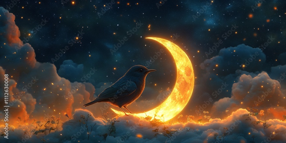 Fototapeta premium Luminous Moonlit Haven, a serene bird resting on a glowing crescent moon amidst a vast, twinkling starry sky, evoking tranquility and wonder
