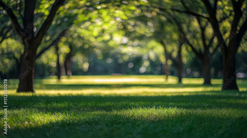 Naklejka premium The sunlight gently illuminates a peaceful park with lush green grass under sprawling trees, creating a tranquil atmosphere perfect for relaxation. Generative AI