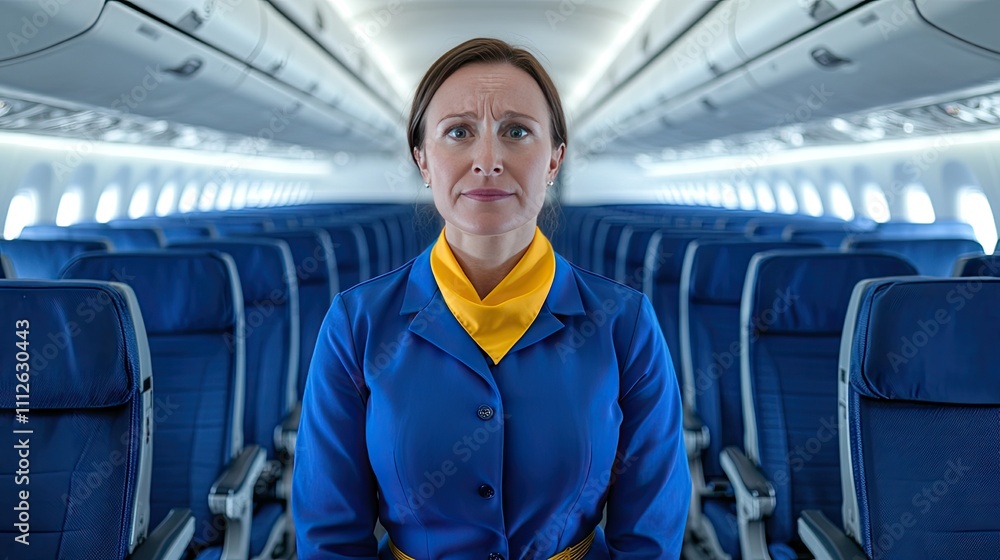Flight attendant ready for departure in a sleek airplane cabin with bright interior and inviting atmosphere Flight attendant ready for departure in a sleek airplane cabin with bright interior and inviting atmosphere