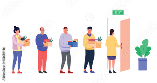 Fired employees leaving office. Job dismissal, dismiss office staff layoff businessman employee discharge group leave workplace work turnover quit door vector illustration