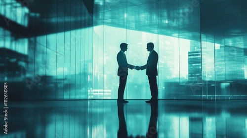 Two businessmen shaking hands in a modern office setting.