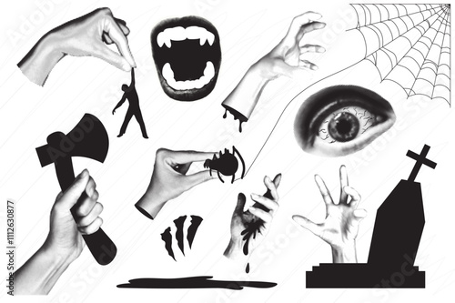 Trendy vintage collage conception with symbols set. Halftone collection with open vampire mouth, fear eye, hands holds human, spader, zombies at cemetery in retro pop art style. Vector illustration.