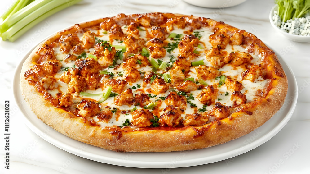 Buffalo Chicken Pizza with Blue Cheese and Ranch Drizzle, American Main Course Photography Buffalo Chicken Pizza with Blue Cheese and Ranch Drizzle, American Main Course Photography
