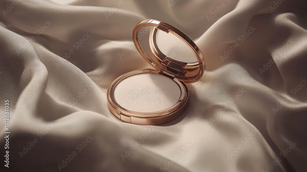 Elegant Broken Compact Powder on Soft Satin Fabric with Gentle Light Illumination for Beauty and Makeup Cosmetics Photography Elegant Broken Compact Powder on Soft Satin Fabric with Gentle Light Illumination for Beauty and Makeup Cosmetics Photography
