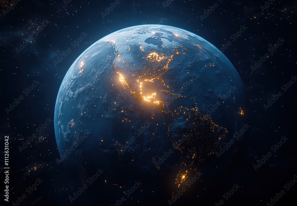 Fototapeta premium Stunning High-Resolution Image of Earth at Night with Illuminated Cities, Capturing the Beauty of Our Planet from Space in Vivid Detail and Brilliant Colors