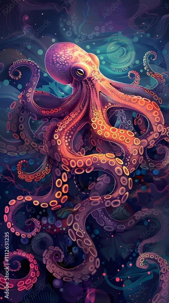 Fototapeta premium Octopus and beautiful underwater scenery, Underwater Scene with Incredible Commotion of an Octopus