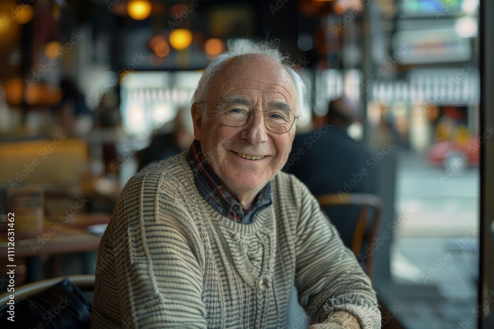 Portrait of a jovial caucasian man in his 50s sporting a long-sleeved thermal undershirt in bustling city cafe Portrait of a jovial caucasian man in his 50s sporting a long-sleeved thermal undershirt in bustling city cafe