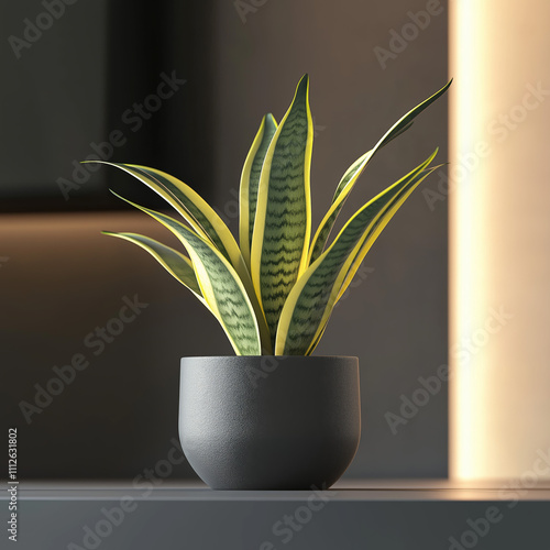 Stylish snake plant in a matte black ceramic pot on a minimalistic background, emphasizing air-purifying benefits, indoor gardening trends, and modern home or office decor

 photo