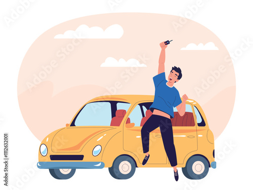 Happy car owner. Man buy or lease new automobile, client holding key vehicle auto rental service own transport purchase concept, guy driver cars customer vector illustration