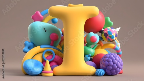 3D Render of Letter 'I' Surrounded by Playful Objects with Clay-like Texture photo