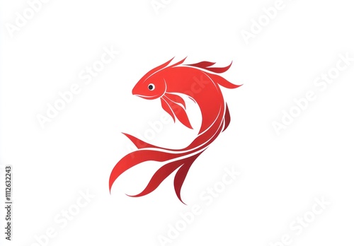 Here's a possible and keyword list for your image.. Red stylized leaping fish design.