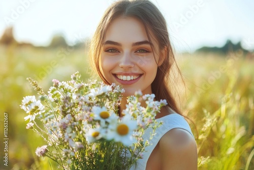 Slim beautiful young woman holding a bouquet of wildflowers, half-body portrait, sunny outdoor field, capturing a carefree and joyful Motherâ€™s Day moment in nature. photo