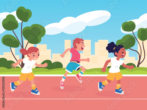 Kids marathon. Cartoon child runners racing sport school competition, speed jogging athlete challenge children cartoon boy girl run to finish on running track vector illustration