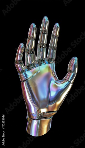 A hand made of metal with a rainbow effect. The hand is made of silver and has a metallic look to it. The rainbow effect gives the hand a futuristic and modern appearance photo