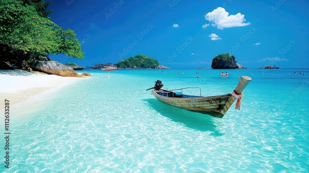Fototapeta premium Serene Tropical Beach with Crystal Clear Water and Traditional Wooden Boat Under Bright Blue Sky and Whimsical Clouds