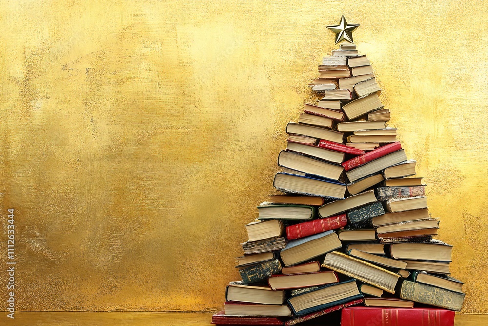 Christmas tree made of books on a golden background, , Christmas concept representing the holiday season and reading day Christmas tree made of books on a golden background, , Christmas concept representing the holiday season and reading day