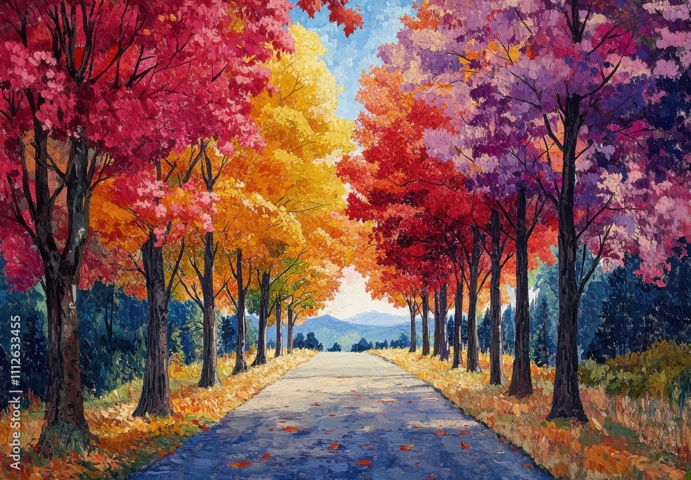 Fototapeta premium Vibrant Autumn Scene Featuring Colorful Trees Lining a Serene Pathway, Inviting Peaceful Walks Through Nature's Fall Beauty