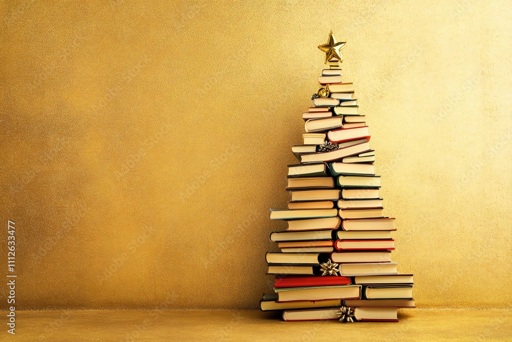 Christmas tree made of books on a golden background, , Christmas concept representing the holiday season and reading day Christmas tree made of books on a golden background, , Christmas concept representing the holiday season and reading day