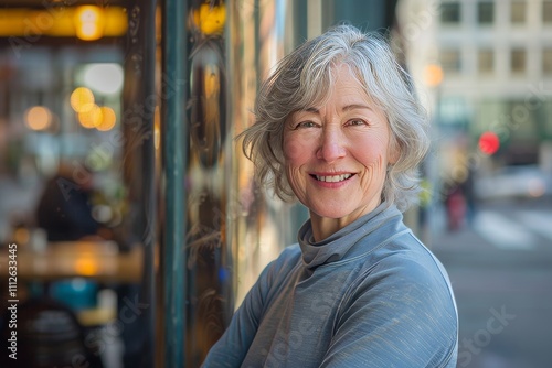 Portrait of a glad caucasian woman in her 60s showing off a lightweight base layer isolated on bustling city cafe photo