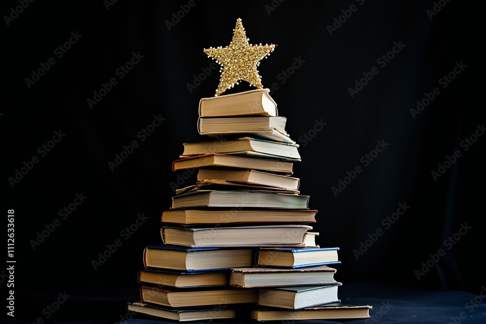 Christmas tree made of books on a black background, , Christmas concept representing the holiday season and reading day Christmas tree made of books on a black background, , Christmas concept representing the holiday season and reading day