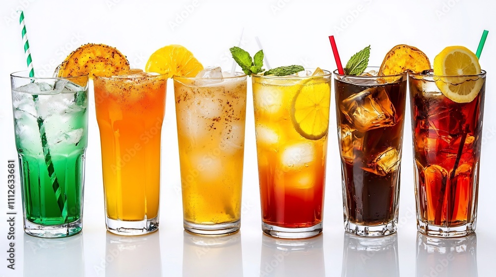 Variety of refreshing drinks in tall glasses, including fruit-infused cocktails and a cola, garnished with fruit slices and mint leaves on a white background. Variety of refreshing drinks in tall glasses, including fruit-infused cocktails and a cola, garnished with fruit slices and mint leaves on a white background.